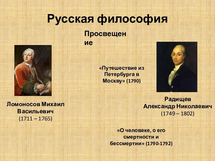 Русская философия Ломоносов Михаил Васильевич (1711 – 1765) Просвещение Радищев Александр