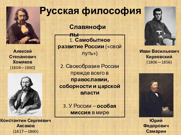 Русская философия 1. Самобытное развитие России («свой путь») 2. Своеобразие России