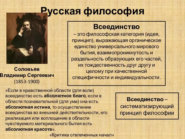 Русская философия Соловьев Владимир Сергеевич (1853-1900) Всеединство – это философская категория