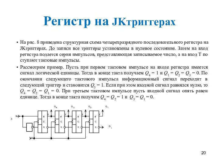 Регистр на JKтриггерах На рис. 8 приведена структурная схема четырехразрядного последовательного