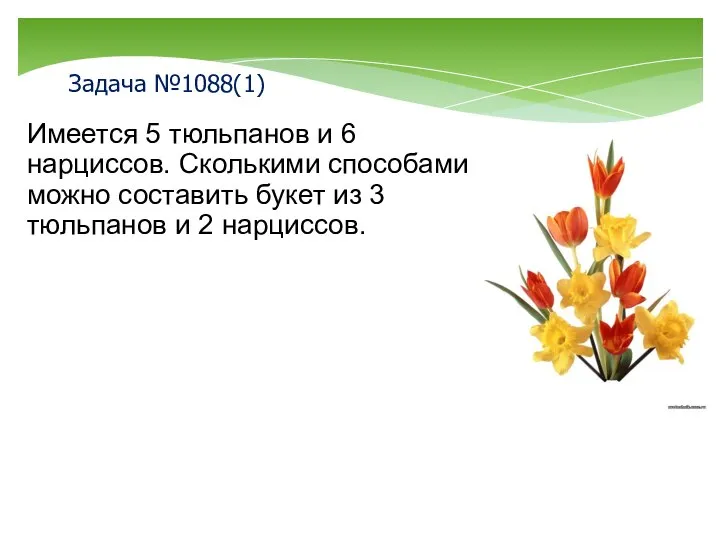 Задача №1088(1) Имеется 5 тюльпанов и 6 нарциссов. Сколькими способами можно