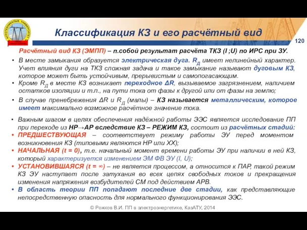 120 © Рожков В.И. ПП в электроэнергетике, КазАТУ, 2014 Классификация КЗ