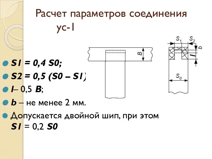 Расчет параметров соединения ус-1 S1 = 0,4 S0; S2 = 0,5