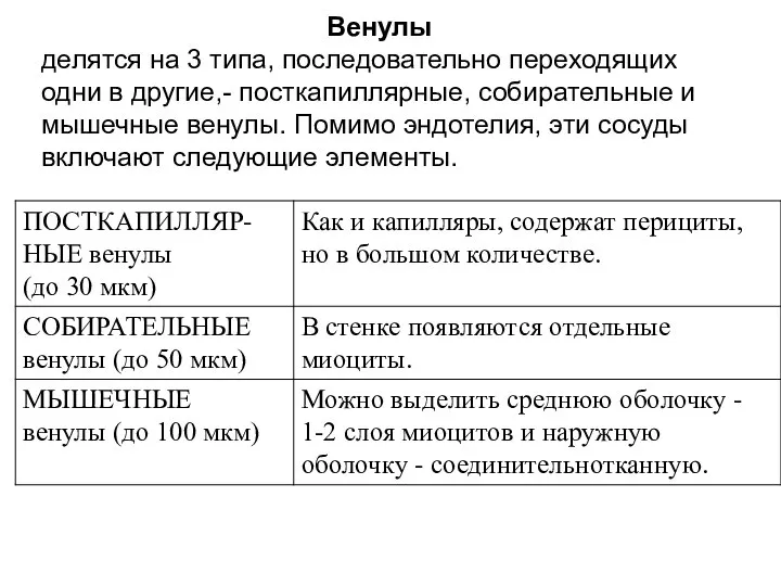 Венулы делятся на 3 типа, последовательно переходящих одни в другие,- посткапиллярные,