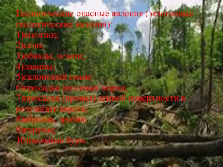 Геологические опасные явления (экзогенные геологические явления): 1)оползни; 2)сели; 3)обвалы, осыпи; 4)лавины;