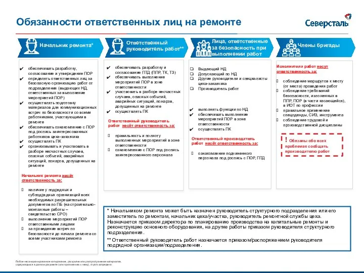 Обязанности ответственных лиц на ремонте Начальник ремонта* Члены бригады Лица, ответственные