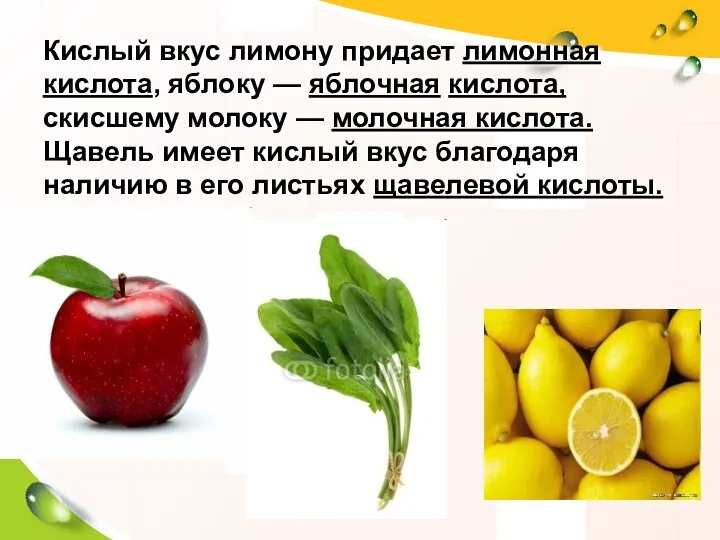 Кислый вкус лимону придает лимонная кислота, яблоку — яблочная кислота, скисшему
