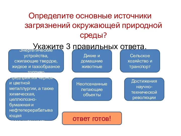 Определите основные источники загрязнений окружающей природной среды? Укажите 3 правильных ответа.