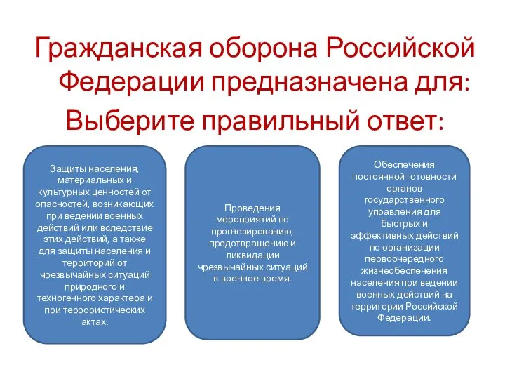 Гражданская оборона Российской Федерации предназначена для: Выберите правильный ответ: Защиты населения,