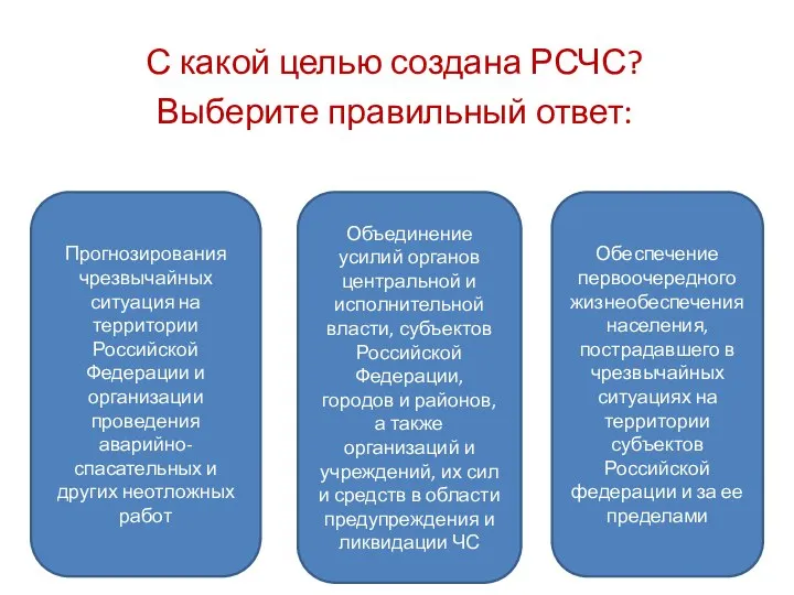 С какой целью создана РСЧС? Выберите правильный ответ: Прогнозирования чрезвычайных ситуация