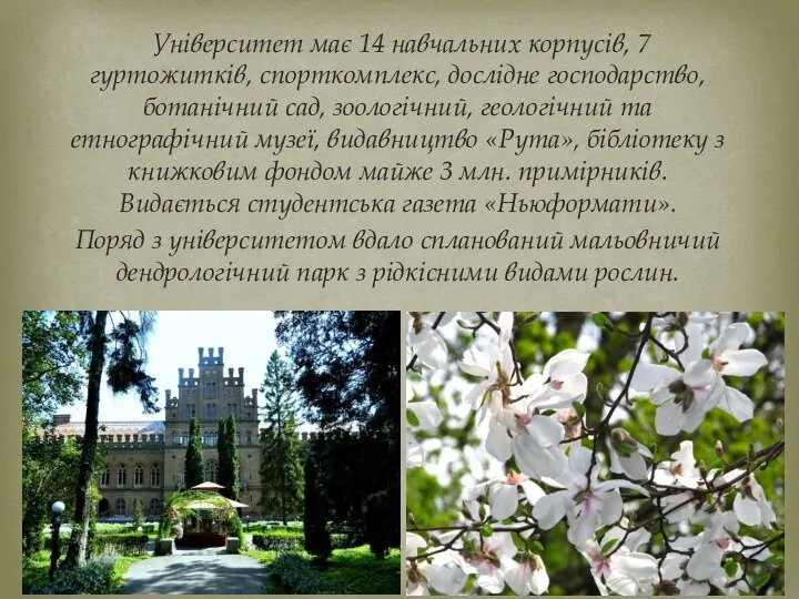 Університет має 14 навчальних корпусів, 7 гуртожитків, спорткомплекс, дослідне господарство, ботанічний