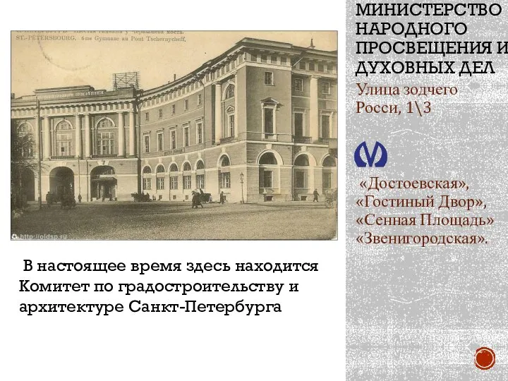 МИНИСТЕРСТВО НАРОДНОГО ПРОСВЕЩЕНИЯ И ДУХОВНЫХ ДЕЛ Улица зодчего Росси, 1\3 «Достоевская»,