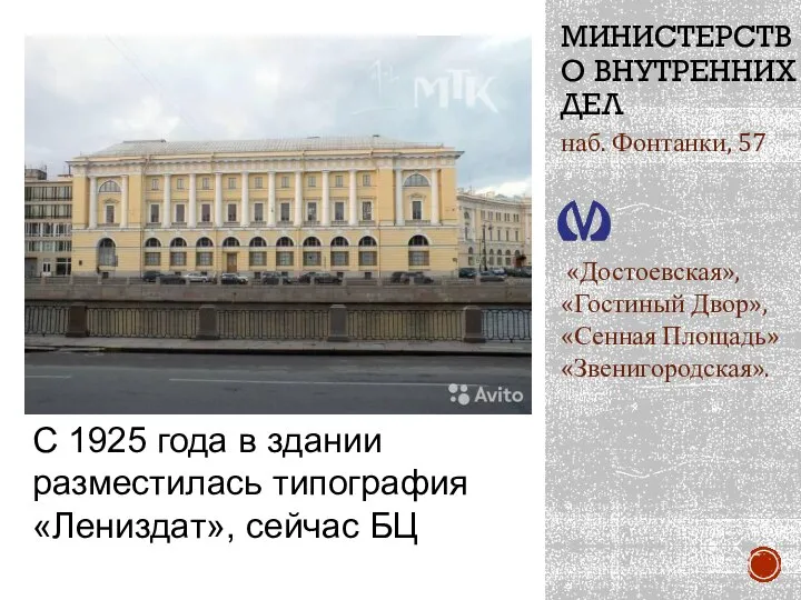 МИНИСТЕРСТВО ВНУТРЕННИХ ДЕЛ наб. Фонтанки, 57 «Достоевская», «Гостиный Двор», «Сенная Площадь»