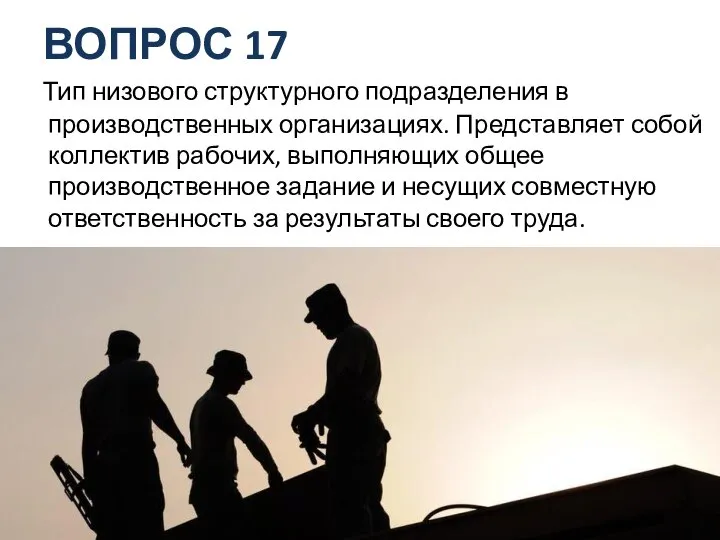 ВОПРОС 17 Тип низового структурного подразделения в производственных организациях. Представляет собой