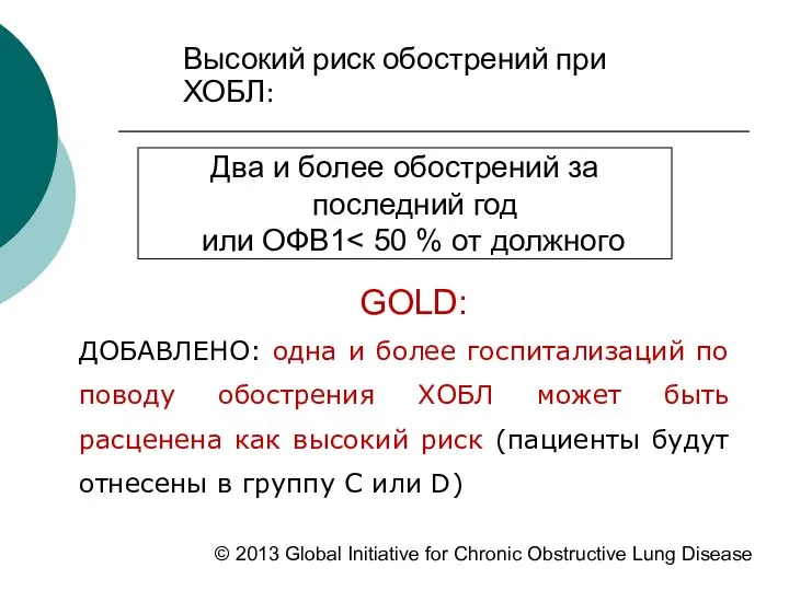 Два и более обострений за последний год или ОФВ1 Высокий риск