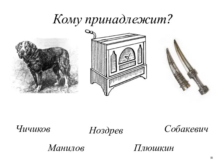 Кому принадлежит? Чичиков Ноздрев Собакевич Манилов Плюшкин =