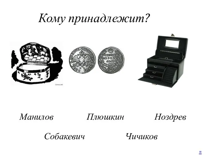 Кому принадлежит? Чичиков Манилов Ноздрев Собакевич Плюшкин =