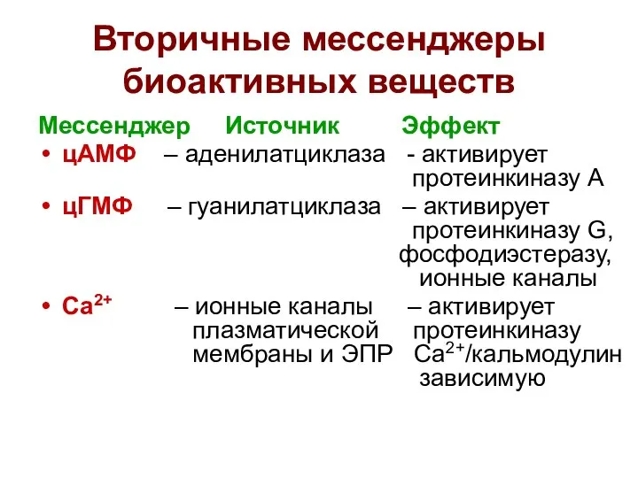 Вторичные мессенджеры биоактивных веществ Мессенджер Источник Эффект цАМФ – аденилатциклаза -