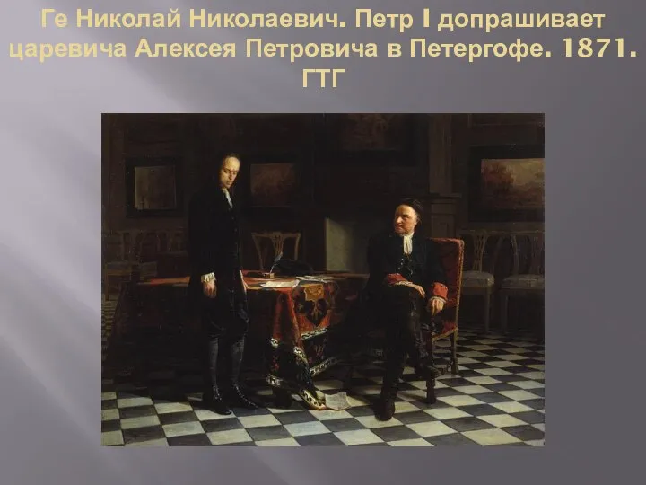 Ге Николай Николаевич. Петр I допрашивает царевича Алексея Петровича в Петергофе. 1871. ГТГ