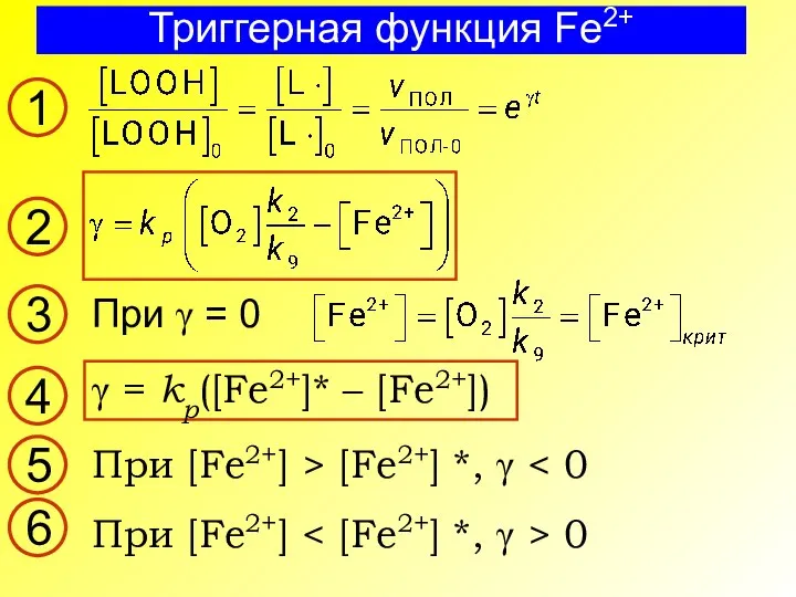 Триггерная функция Fe2+ При γ = 0 При [Fe2+] > [Fe2+]