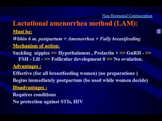 Non Hormonal Contraception Lactational amenorrhea method (LAM): Must be: Within 6