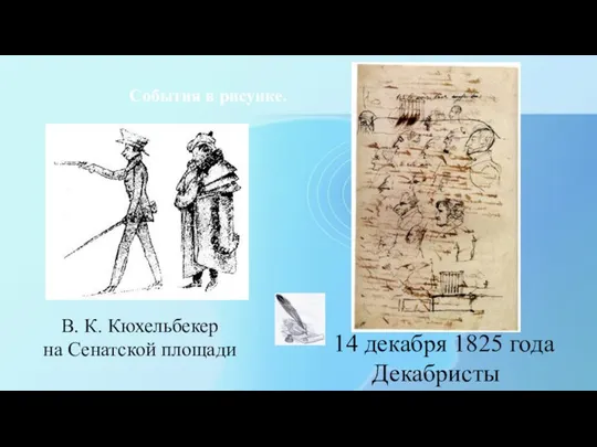 События в рисунке. 14 декабря 1825 года Декабристы В. К. Кюхельбекер на Сенатской площади