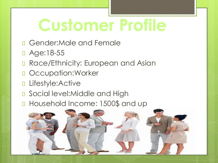 Customer Profile Gender:Male and Female Age:18-55 Race/Ethnicity: European and Asian Occupation:Worker