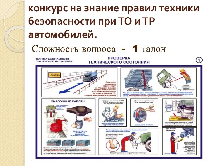 конкурс на знание правил техники безопасности при ТО и ТР автомобилей. Сложность вопроса - 1 талон