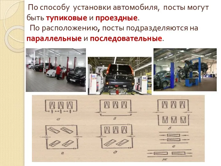 По способу установки автомобиля, посты могут быть тупиковые и проездные. По