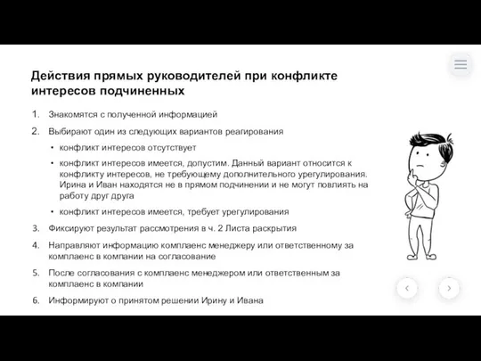 Знакомятся с полученной информацией Выбирают один из следующих вариантов реагирования конфликт