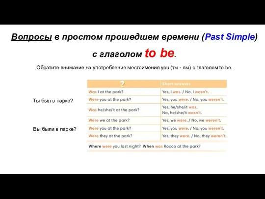 Вопросы в простом прошедшем времени (Past Simple) с глаголом to be.