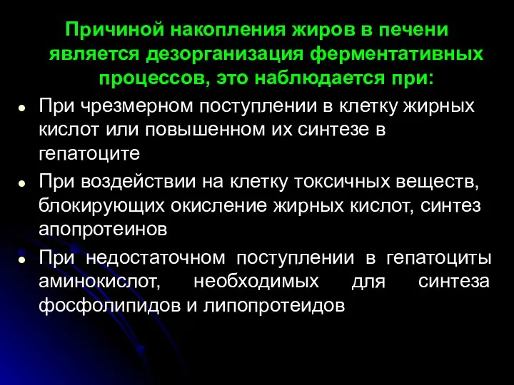 Причиной накопления жиров в печени является дезорганизация ферментативных процессов, это наблюдается