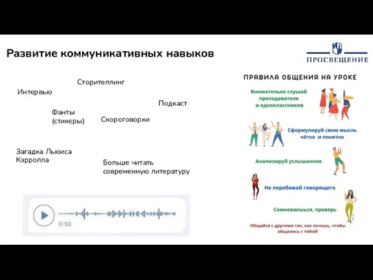 Развитие коммуникативных навыков Интервью Фанты (стикеры) Сторителлинг Загадка Льюиса Кэрролла Скороговорки Больше читать современную литературу Подкаст