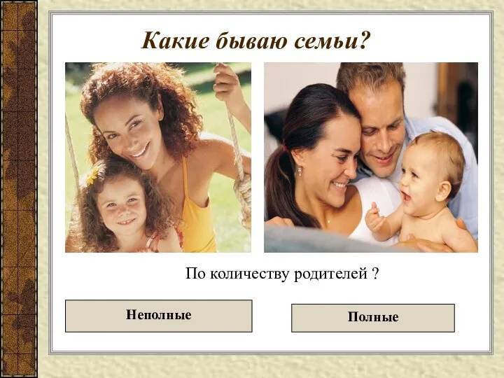 Какие бываю семьи? По количеству родителей ? Неполные Полные