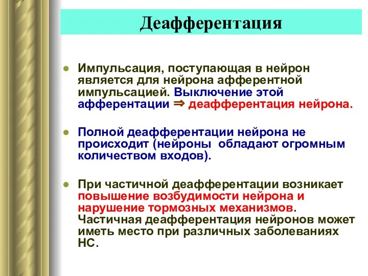 Деафферентация Импульсация, поступающая в нейрон является для нейрона афферентной импульсацией. Выключение