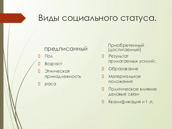 Виды социального статуса. предписанный Пол Возраст Этническая принадлежность раса Приобретенный(достигаемый) Результат