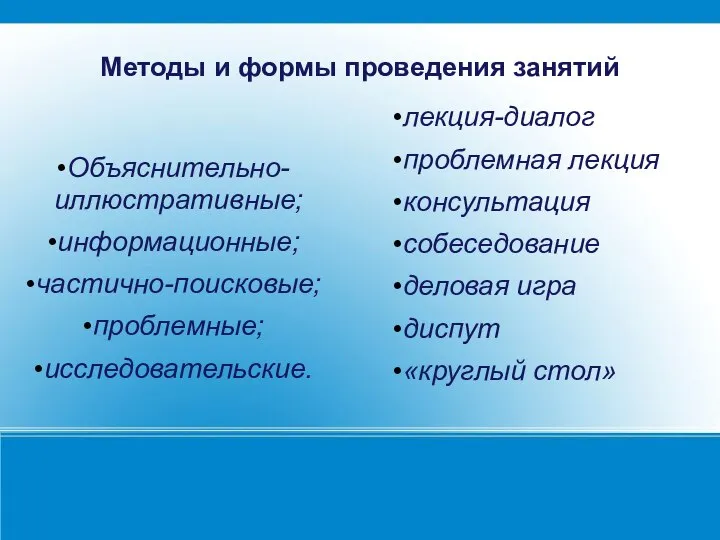 Методы и формы проведения занятий Объяснительно-иллюстративные; информационные; частично-поисковые; проблемные; исследовательские. лекция-диалог