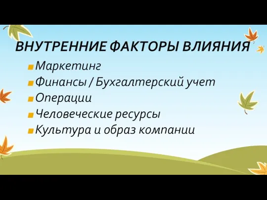 ВНУТРЕННИЕ ФАКТОРЫ ВЛИЯНИЯ Маркетинг Финансы / Бухгалтерский учет Операции Человеческие ресурсы Культура и образ компании