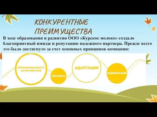 КОНКУРЕНТНЫЕ ПРЕИМУЩЕСТВА В ходе образования и развития ООО «Курское молоко» создало