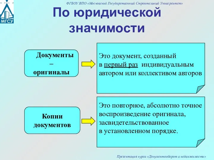 По юридической значимости Документы – оригиналы Копии документов Это документ, созданный