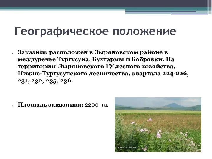 Географическое положение Заказник расположен в Зыряновском районе в междуречье Тургусуна, Бухтармы