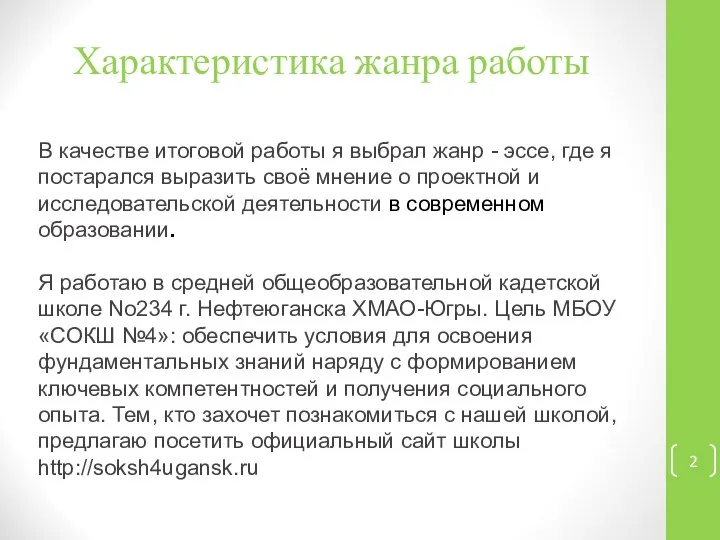 Характеристика жанра работы В качестве итоговой работы я выбрал жанр -