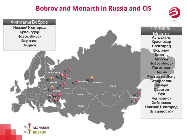 Bobrov and Monarch in Russia and CIS Khabarovsk Irkutsk Novosibirsk Yekaterinburg