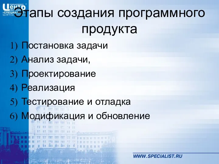 Этапы создания программного продукта Постановка задачи Анализ задачи, Проектирование Реализация Тестирование и отладка Модификация и обновление