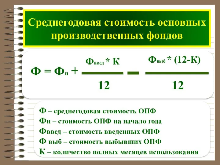 Среднегодовая стоимость основных производственных фондов Ф = Фн + Фввед *