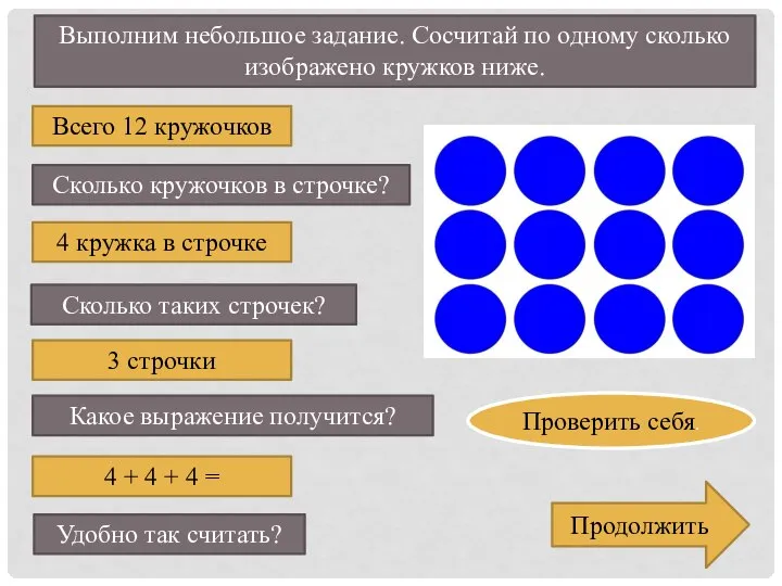 Выполним небольшое задание. Сосчитай по одному сколько изображено кружков ниже. Проверить