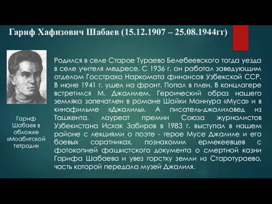 Гариф Хафизович Шабаев (15.12.1907 – 25.08.1944гг) Гариф Шабаев в обложке «Моабитской