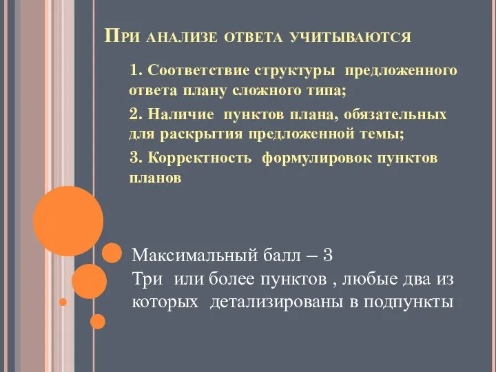 При анализе ответа учитываются 1. Соответствие структуры предложенного ответа плану сложного