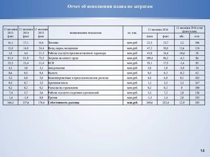 Отчет об исполнении плана по затратам