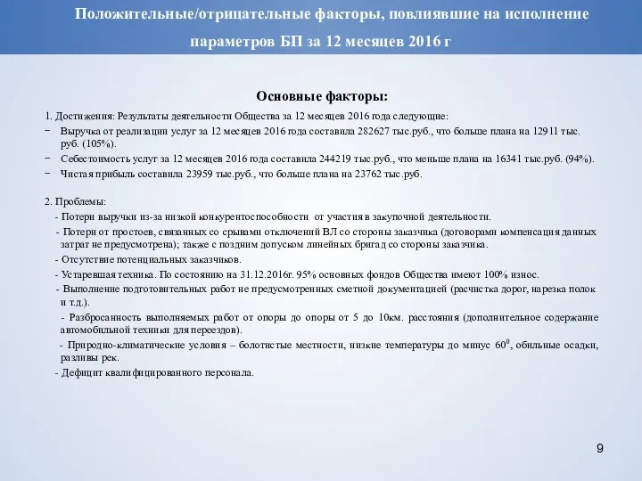 Положительные/отрицательные факторы, повлиявшие на исполнение параметров БП за 12 месяцев 2016